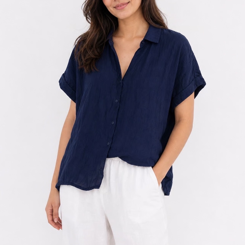 Modern Works Navy Blue Crinkle Textured Short Sleeve Button Up Shirt XL